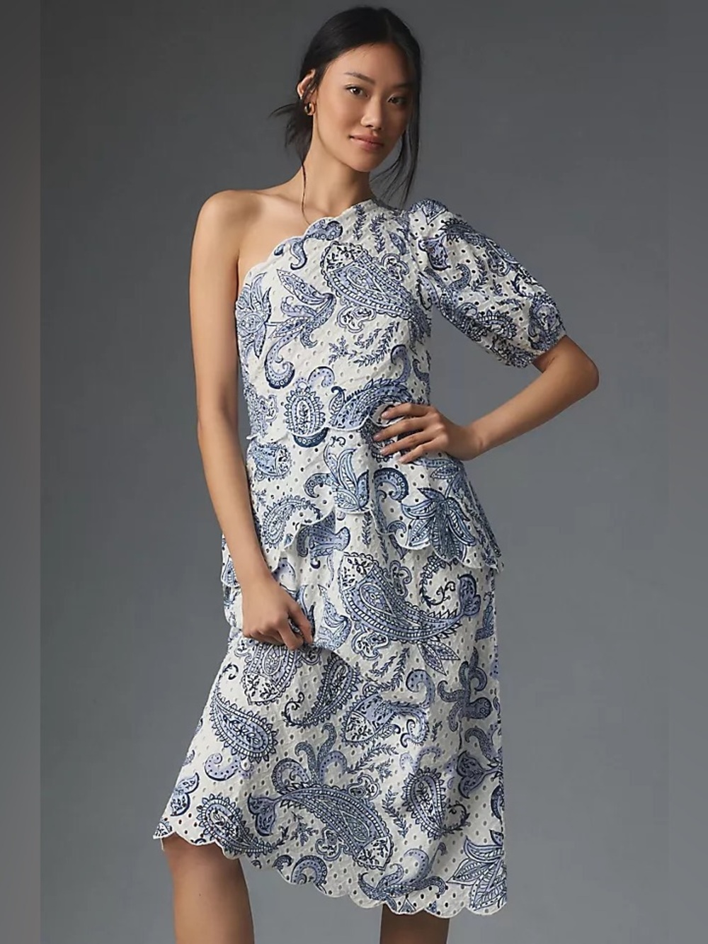 FARM Rio One-Shoulder Eyelet Midi Dress – White & Blue Paisley | Size M